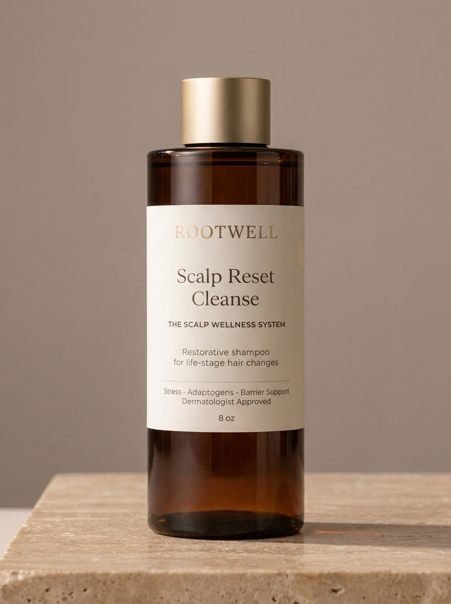 RootWellHair Scalp Reset Cleanse restorative shampoo bottle with label, designed for scalp and hair cleansing.