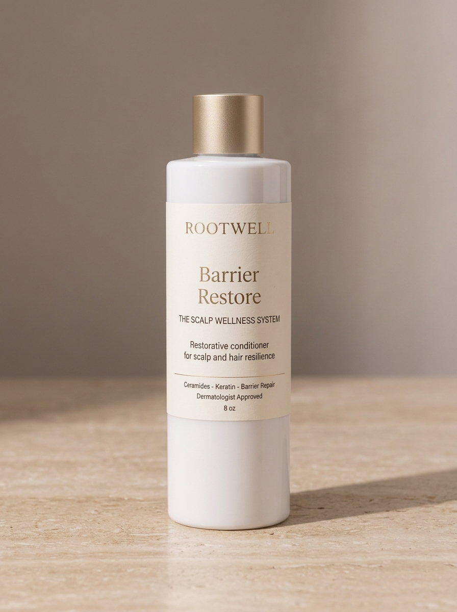 RootWellHair Barrier Restore Repair Conditioner bottle with label, creamy conditioner texture visible in a natural setting.