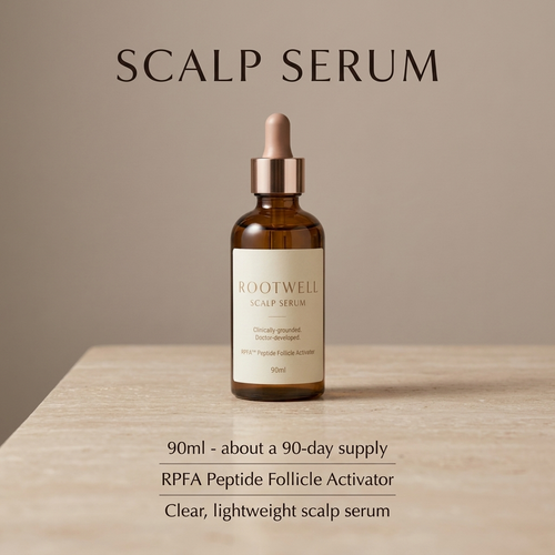 RootWellHair 90-Day Serum bottle with dropper for scalp and hair treatment, featuring a sleek design and label details.