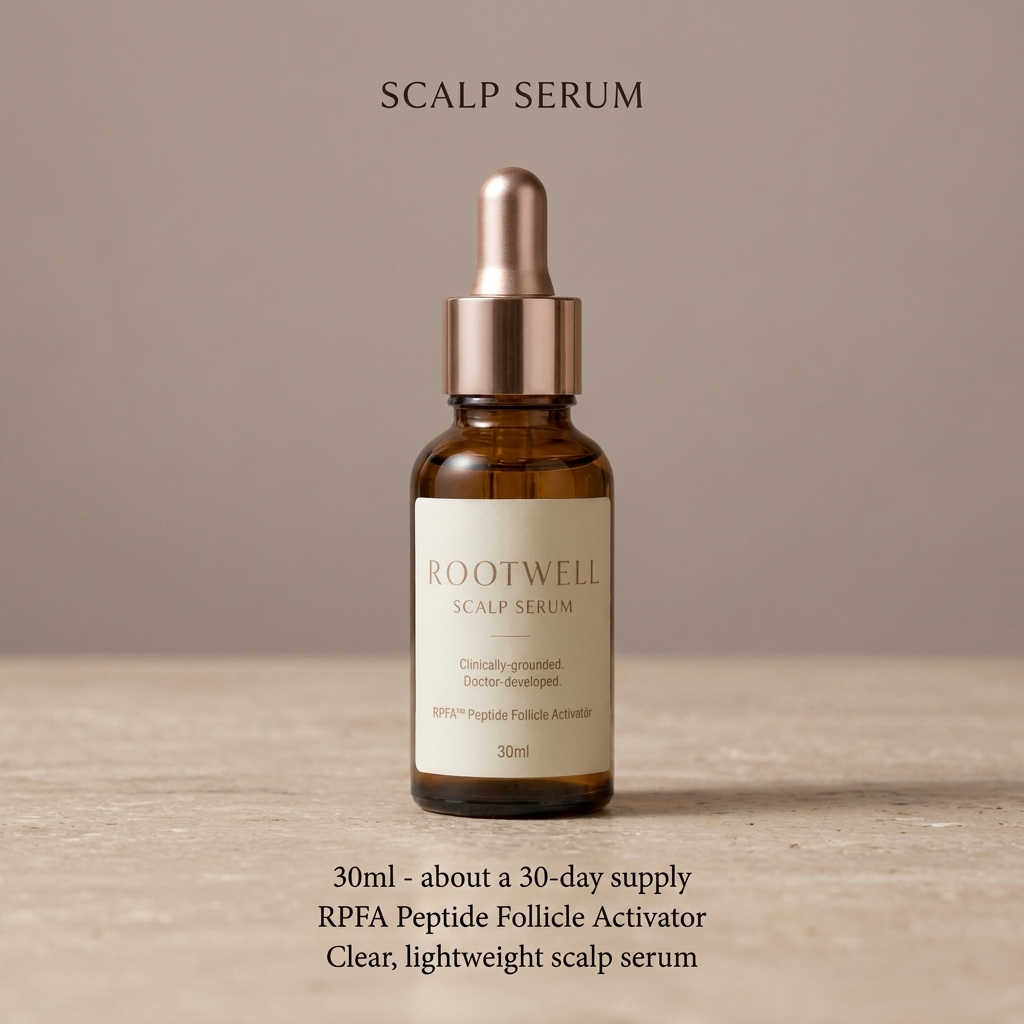 RootWellHair 30-Day Serum bottle with dropper for scalp and hair treatment, shown in a clear, professional product image.