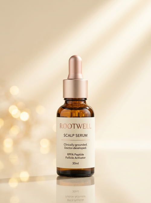 RootWellHair 30-Day Serum bottle with dropper, showing clear liquid and sleek packaging for hair and scalp revitalization.