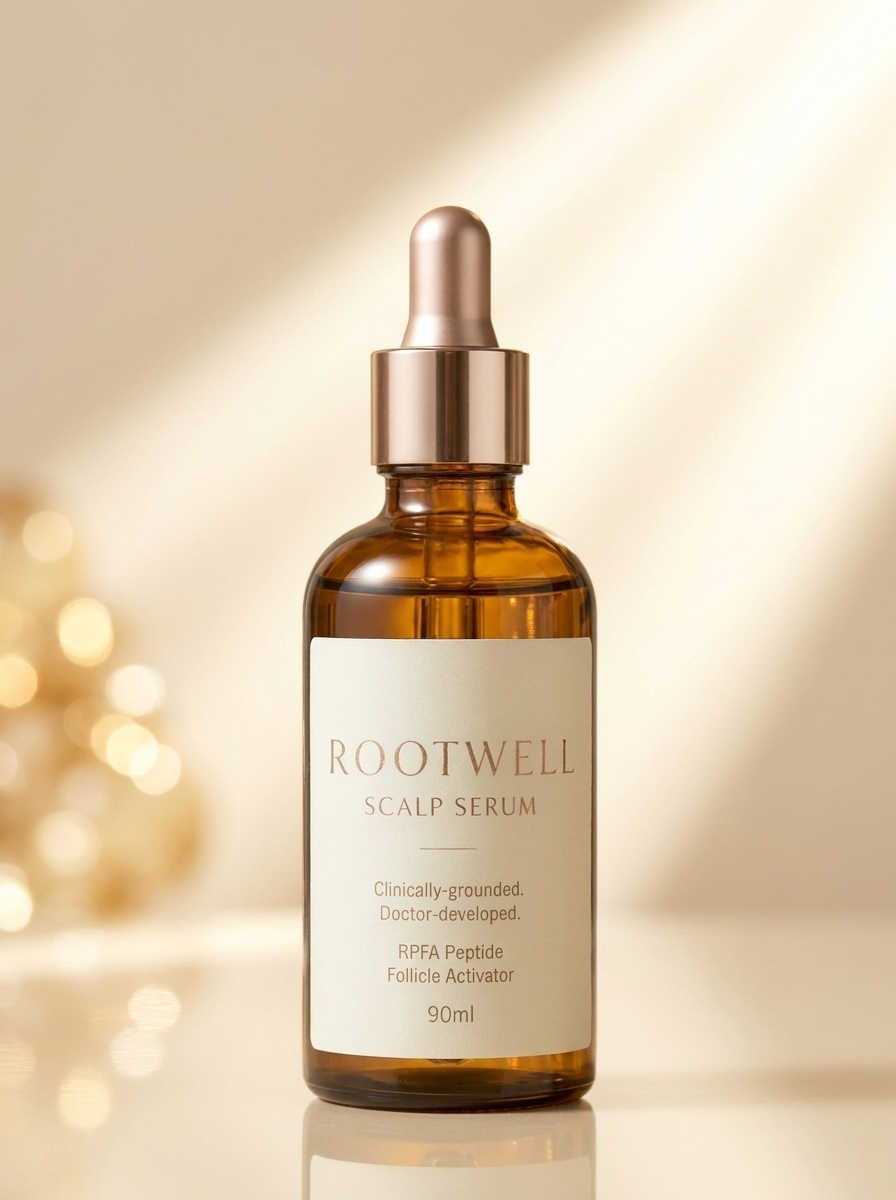 RootWellHair 90-Day Serum bottle with dropper, featuring sleek packaging and clear labeling for hair treatment and scalp health.