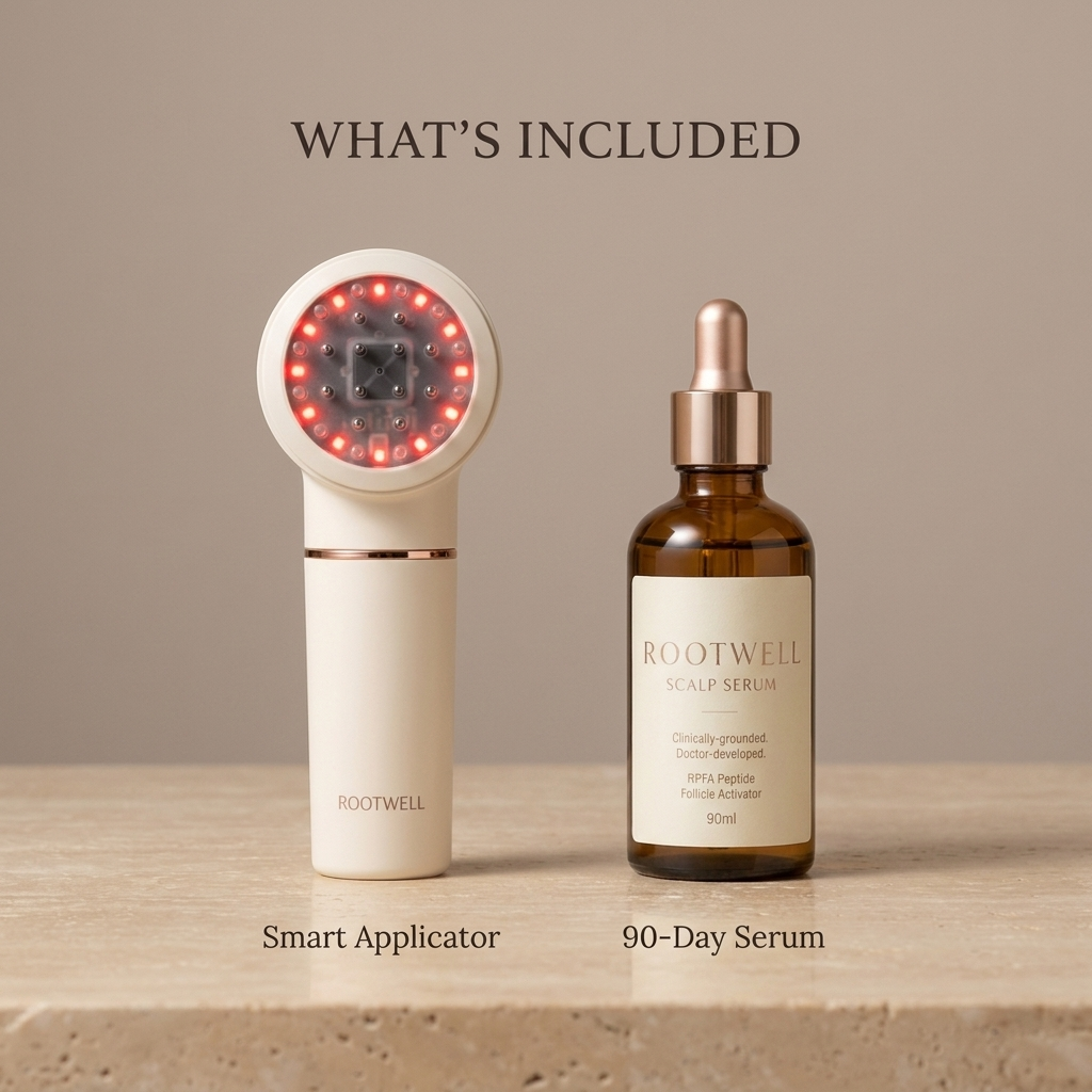 RootWellHair Starter Root Revival bottle with dropper, promoting healthy hair growth and scalp revitalization.
