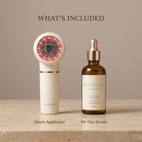 RootWellHair Starter Root Revival bottle with dropper, promoting healthy hair growth and scalp revitalization.